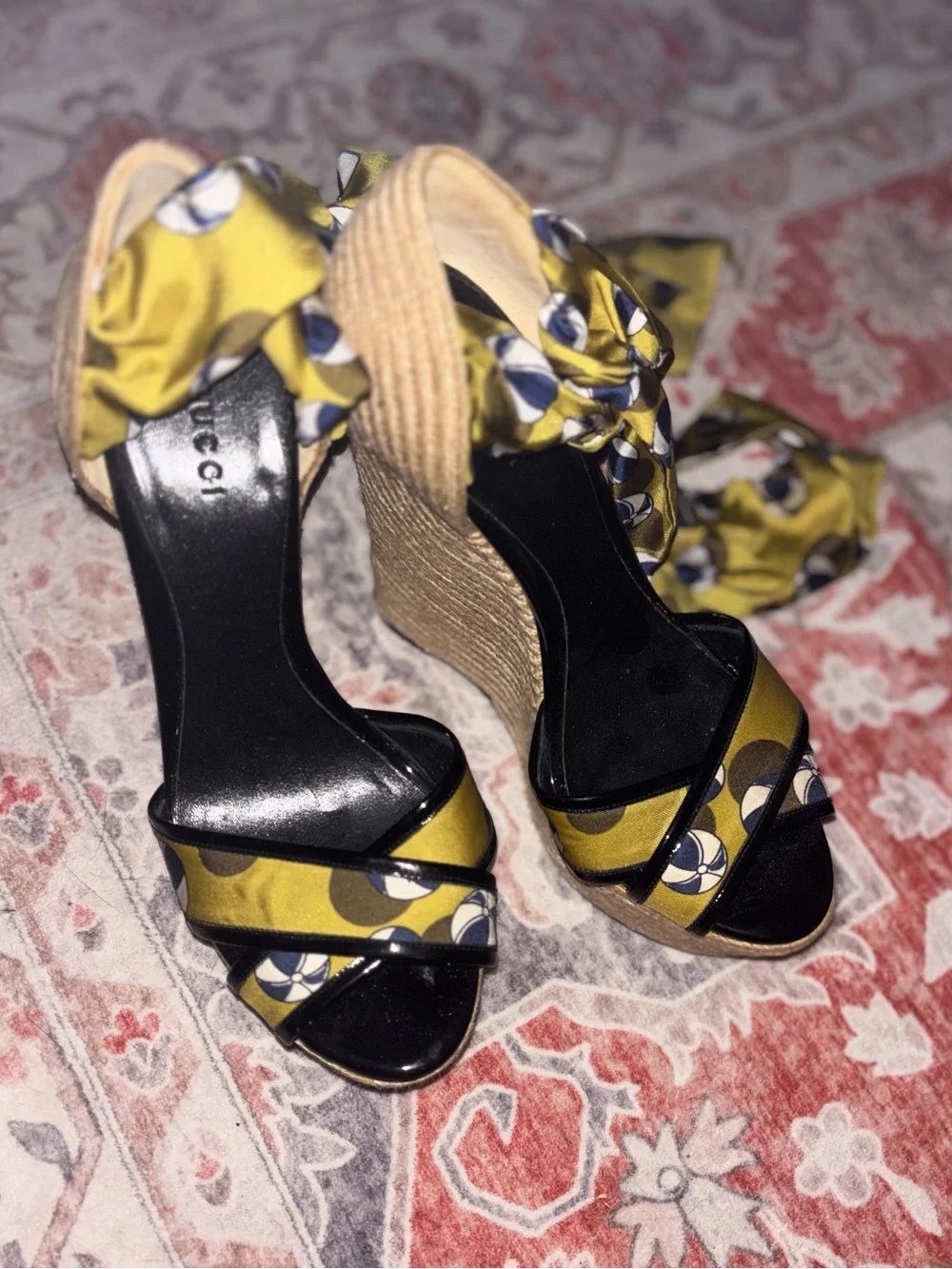 Gucci espadrille platform wedge sandals with silk scarf ankle ties